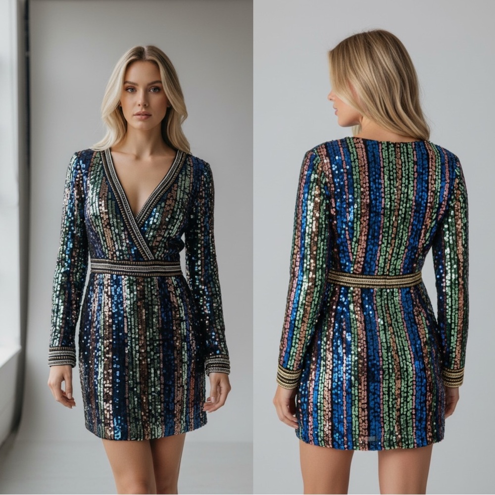 Minuet Petite Multicolor Sequin Long Sleeve V-Neck Mini Dress